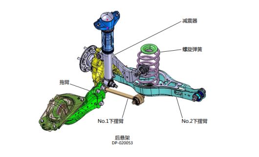 奕泽e进擎的后悬架为e型多连杆式独立后悬架,由多个连杆,减震器和减震