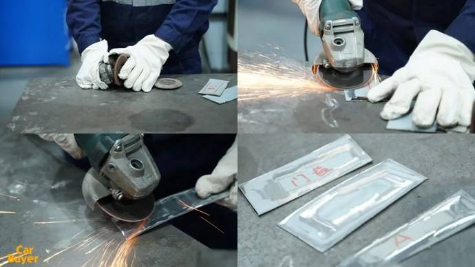 测试钢板样本找平后进行打磨,去除钢板表面涂层.